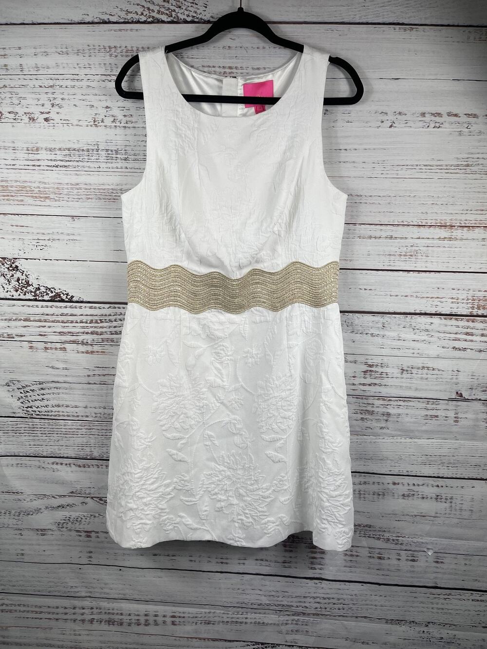 Lilly Pulitzer Dress Women's SZ 10 White Gold Jacquard Floral Sleeveless Pockets